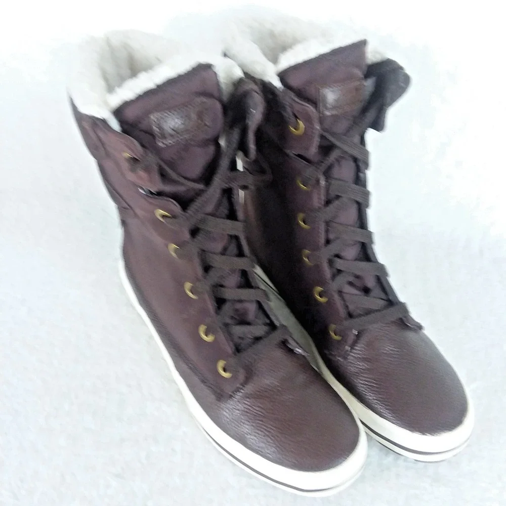 Keds Droplet Leather Canvas Dark Brown Winter Boots Fleece Lined‎ Women's 8.5